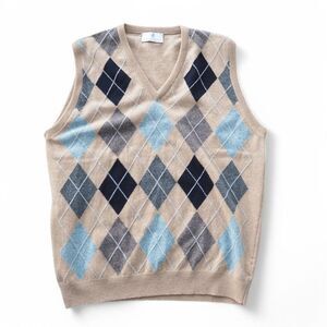 Scott & Charters Lambswool Argyle Sweater Vest Made in Scotland Beige Men's M